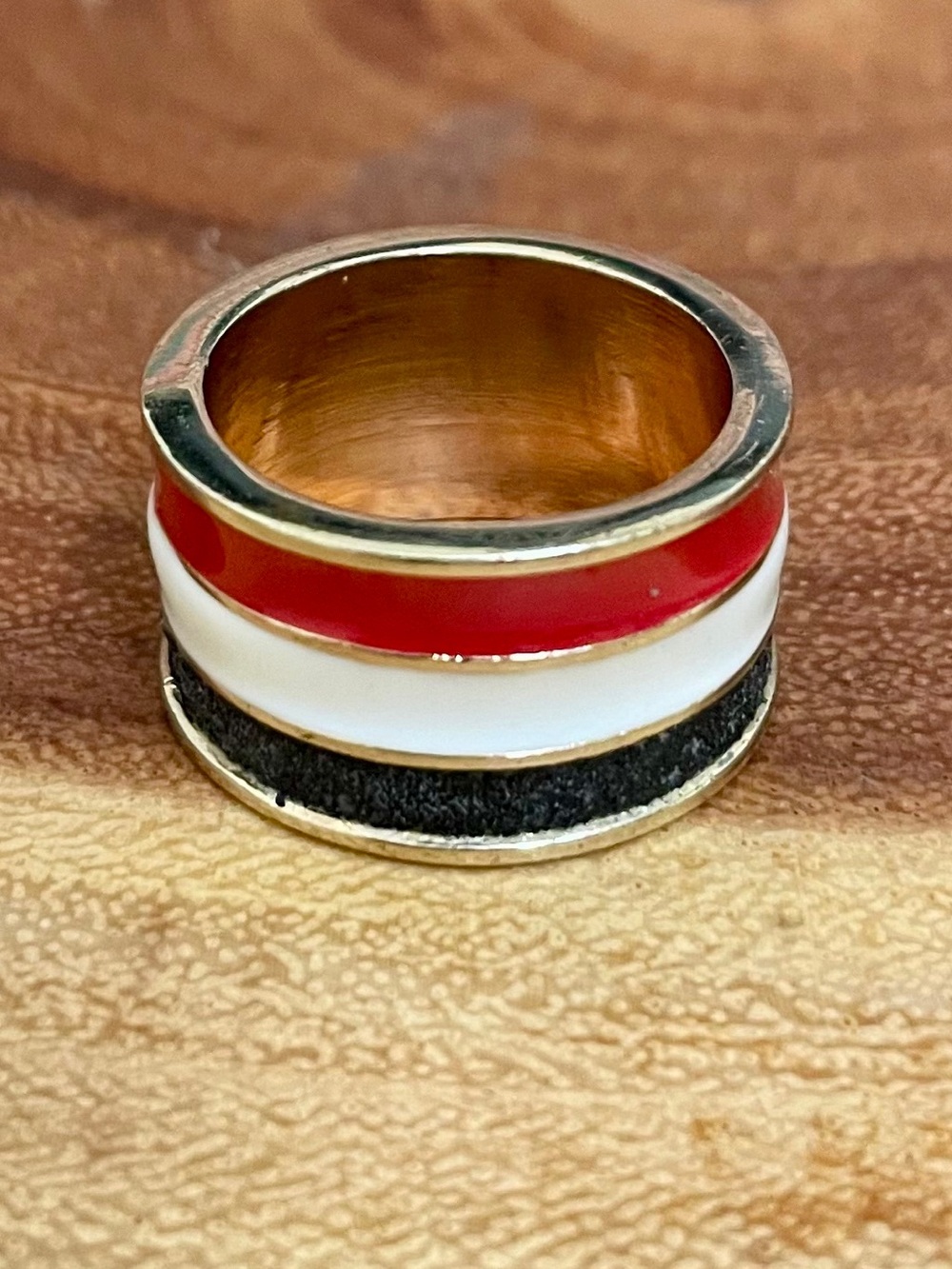 Vintage Tricolor Patriotic Red White Blue Enamel Gold Tone Statement Band Ring